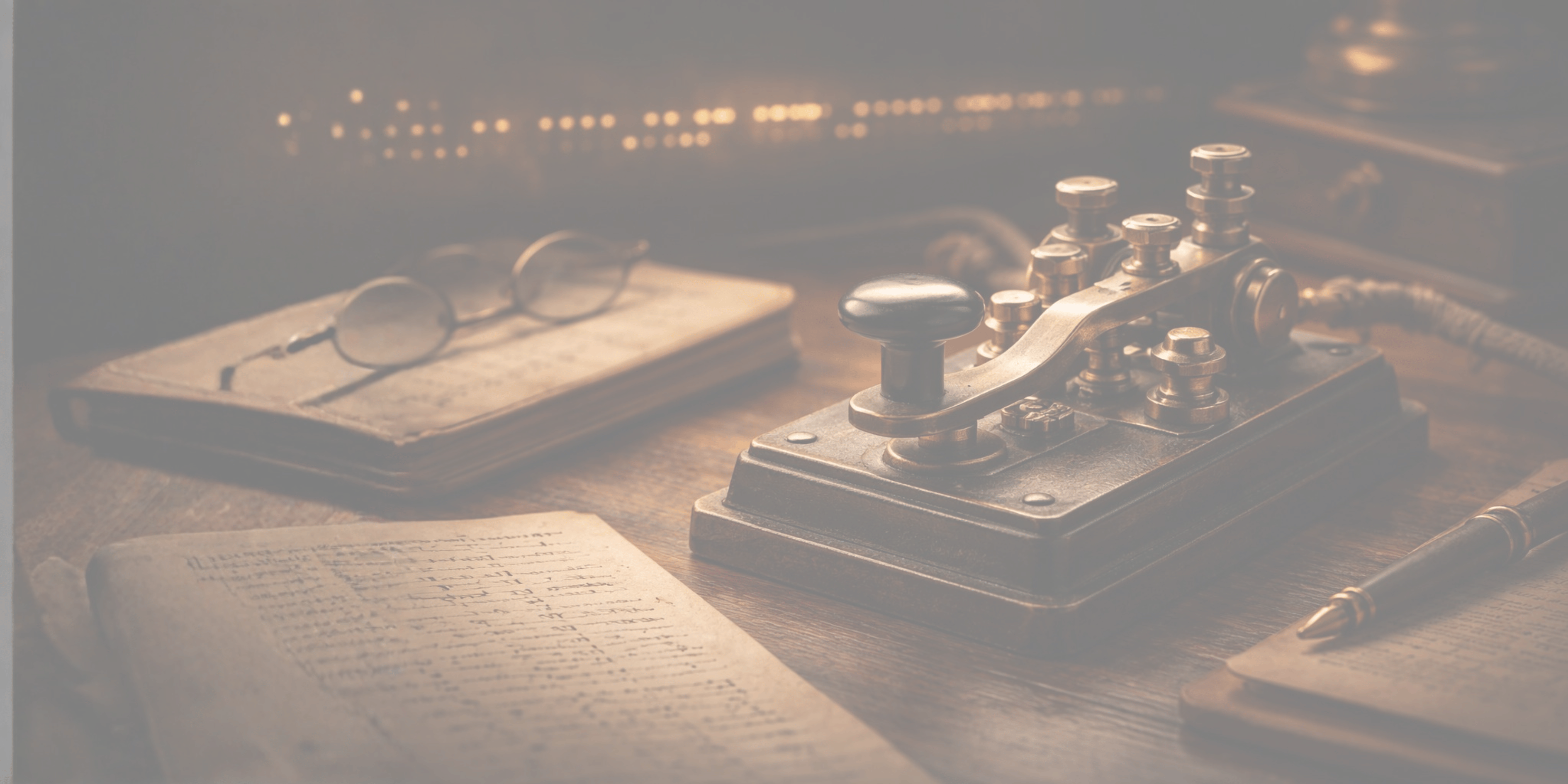 Vintage typewriter on a desk with glasses and paper, warm lighting