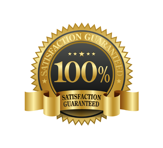 Gold and black 'Satisfaction Guaranteed' badge with 100% text on a white background