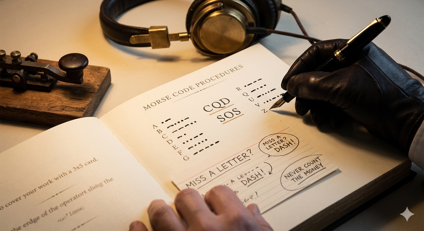 Person writing Morse code in a book with a typewriter, headphones, and pen on a table.